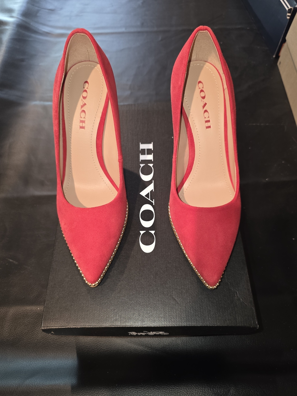 Coach Waverly Red Suede Pointed-Toe Pumps with Gold Trim